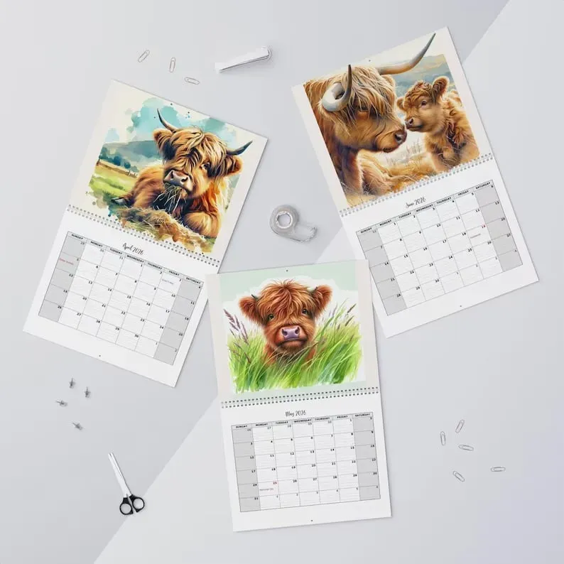 🐮Highland Cow Calendar 2026 – Rustic Farmhouse Wall Art & Monthly Planner📅