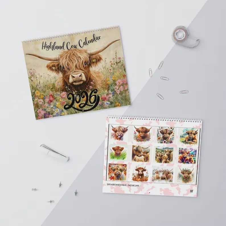 🐮Highland Cow Calendar 2026 – Rustic Farmhouse Wall Art & Monthly Planner📅