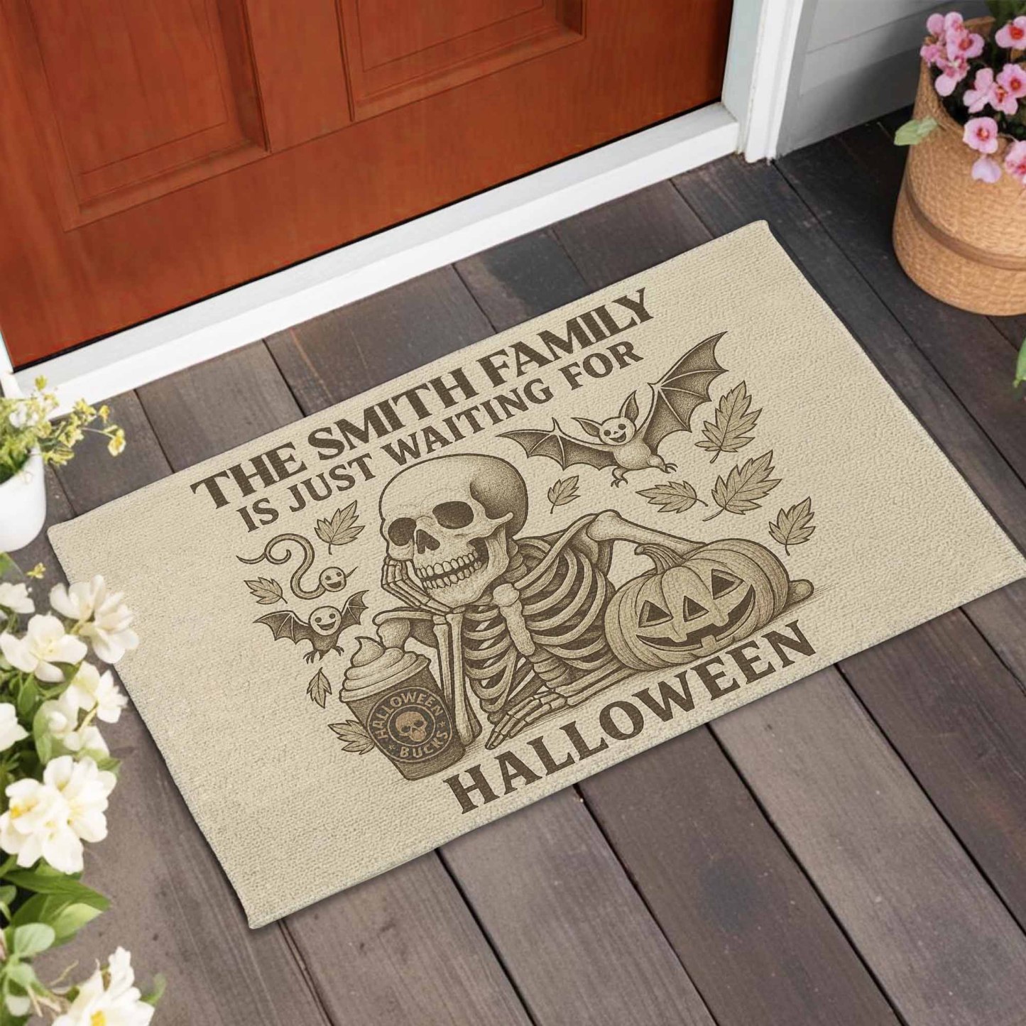 Family Just Waiting For Halloween, Skeleton, Pumpkin, Bat, Personalized Doormat, Gift For Families and Halloween Lovers