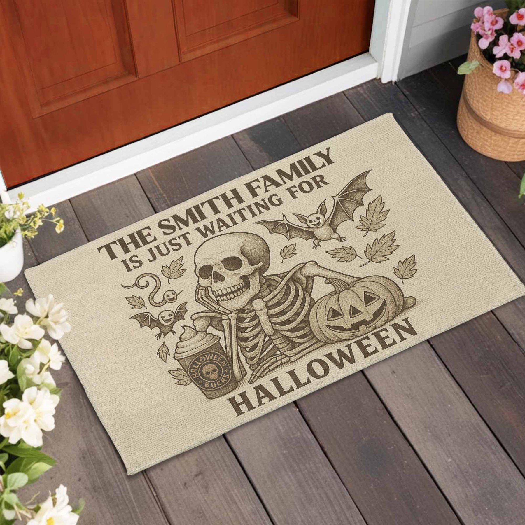 Family Just Waiting For Halloween, Skeleton, Pumpkin, Bat, Personalized Doormat, Gift For Families and Halloween Lovers