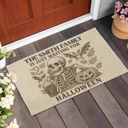 Family Just Waiting For Halloween, Skeleton, Pumpkin, Bat, Personalized Doormat, Gift For Families and Halloween Lovers
