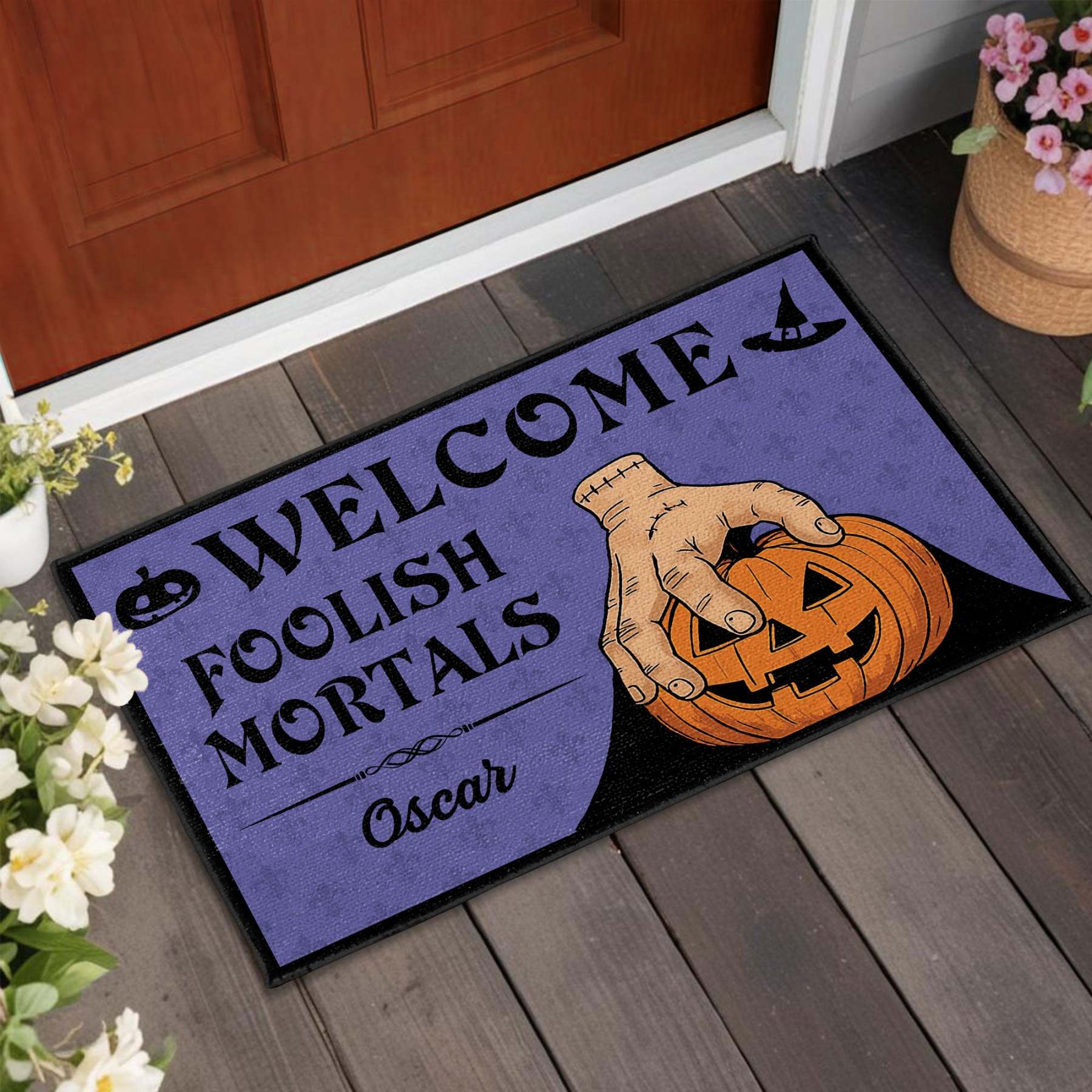 Welcome Foolish Mortals, Pumpkin And Hand, Custom Doormat, Gift For Halloween Enthusiasts