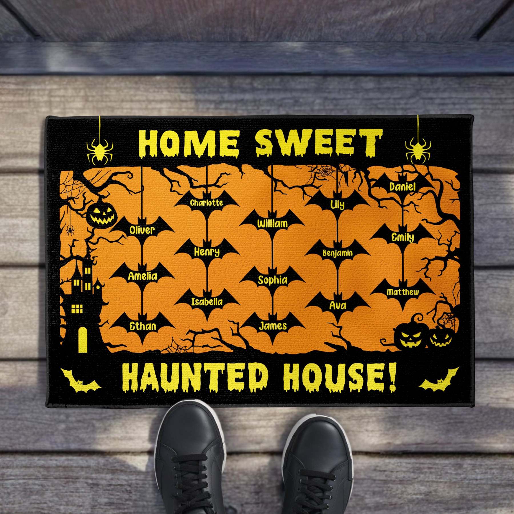 Home Sweet Haunted House With Bats and Pumpkins, Custom Doormat, Gift For Halloween Enthusiasts