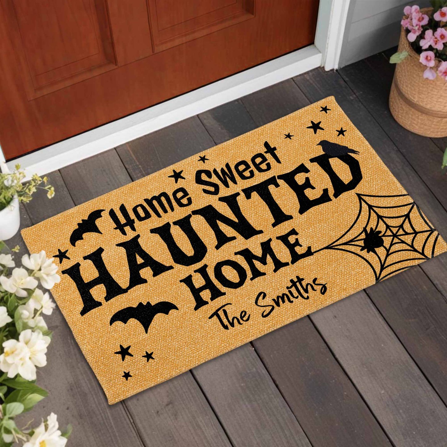 Home Sweet Haunted Home With Bats And Crow, Personalized Custom Doormat, Gift For Family And Halloween Lovers