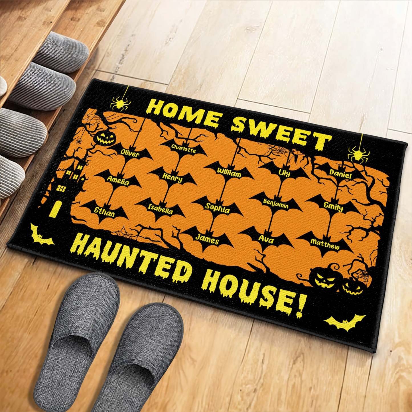 Home Sweet Haunted House With Bats and Pumpkins, Custom Doormat, Gift For Halloween Enthusiasts