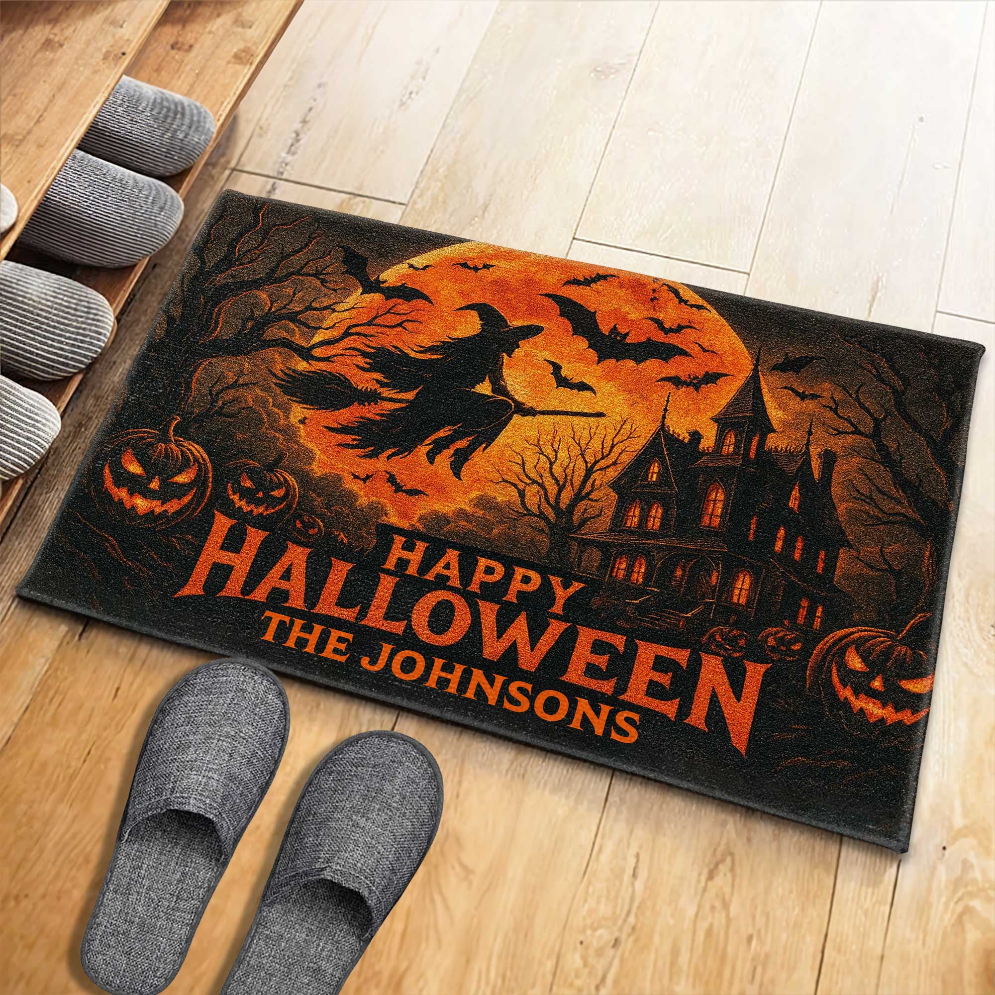 Happy Halloween Witch And Bats Design,Custom Doormat,Gift For Family And Halloween Lovers