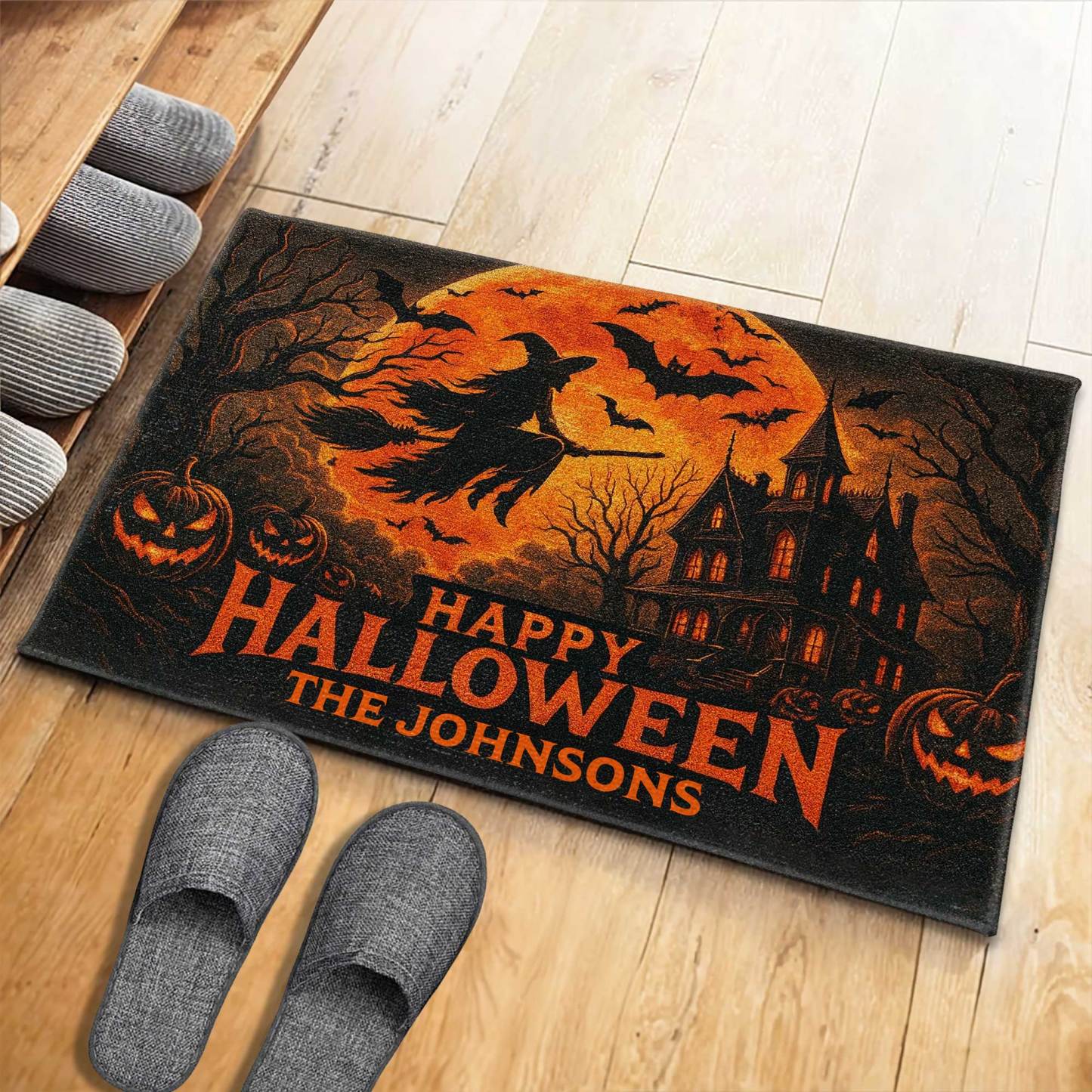 Happy Halloween Witch And Bats Design,Custom Doormat,Gift For Family And Halloween Lovers