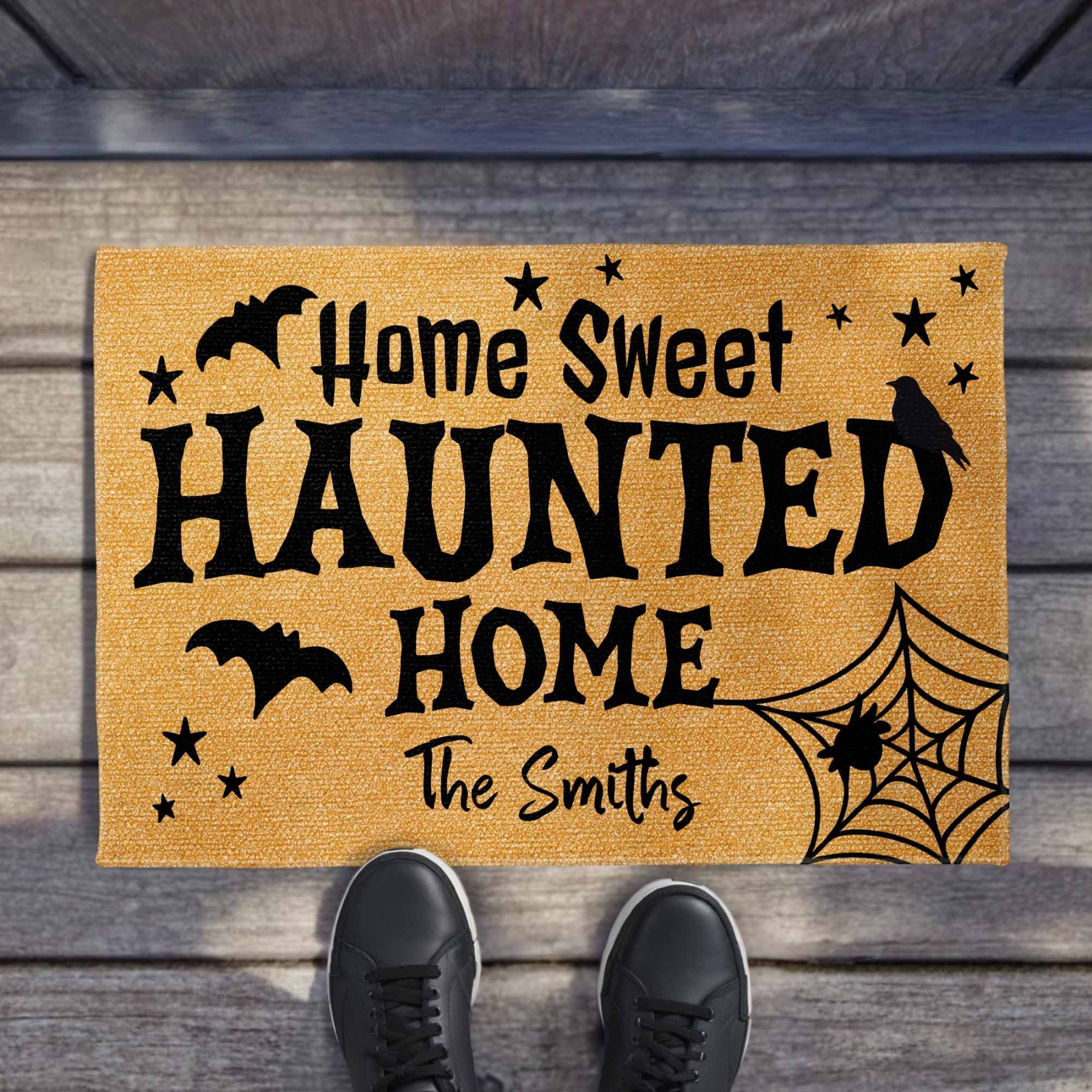 Home Sweet Haunted Home With Bats And Crow, Personalized Custom Doormat, Gift For Family And Halloween Lovers