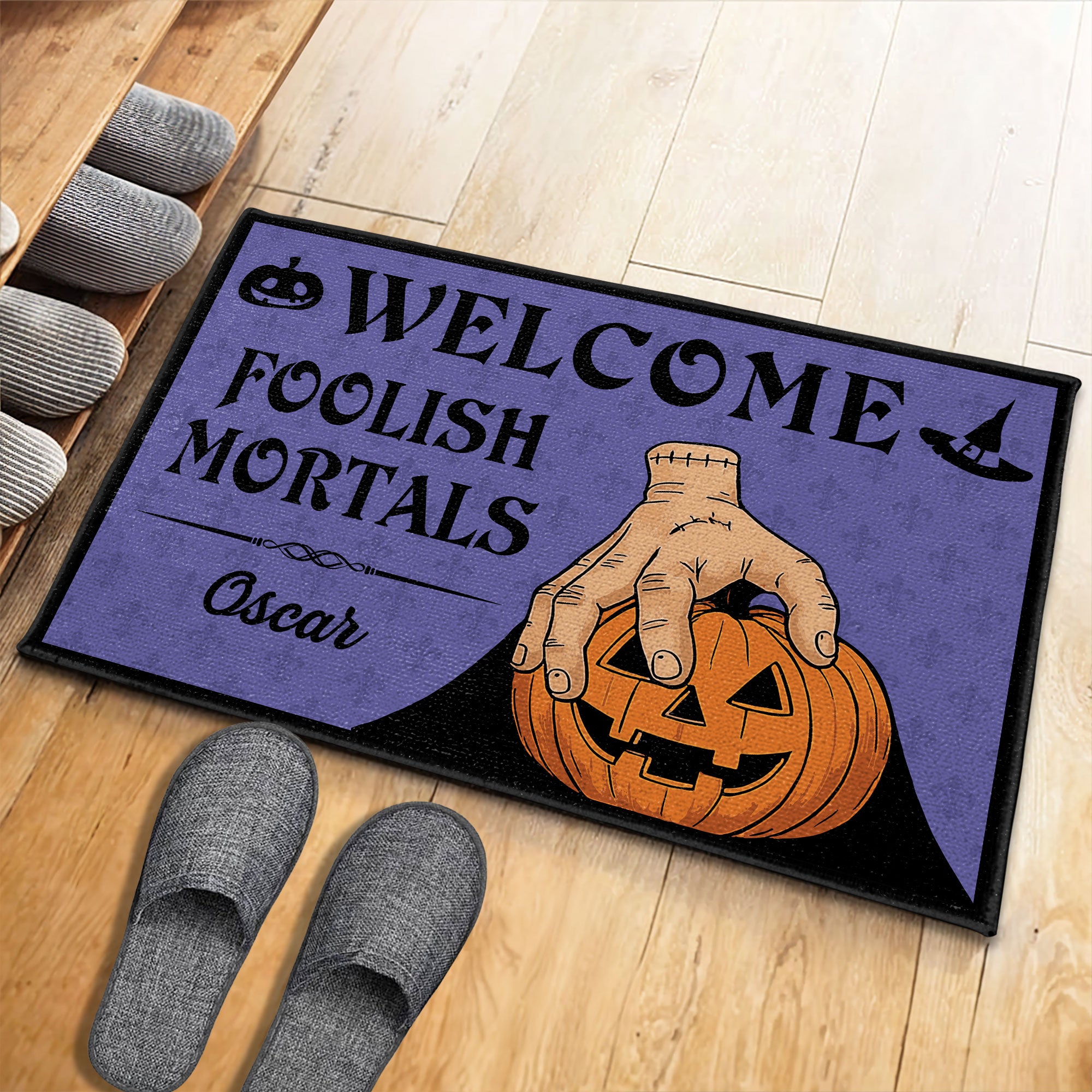 Welcome Foolish Mortals, Pumpkin And Hand, Custom Doormat, Gift For Halloween Enthusiasts