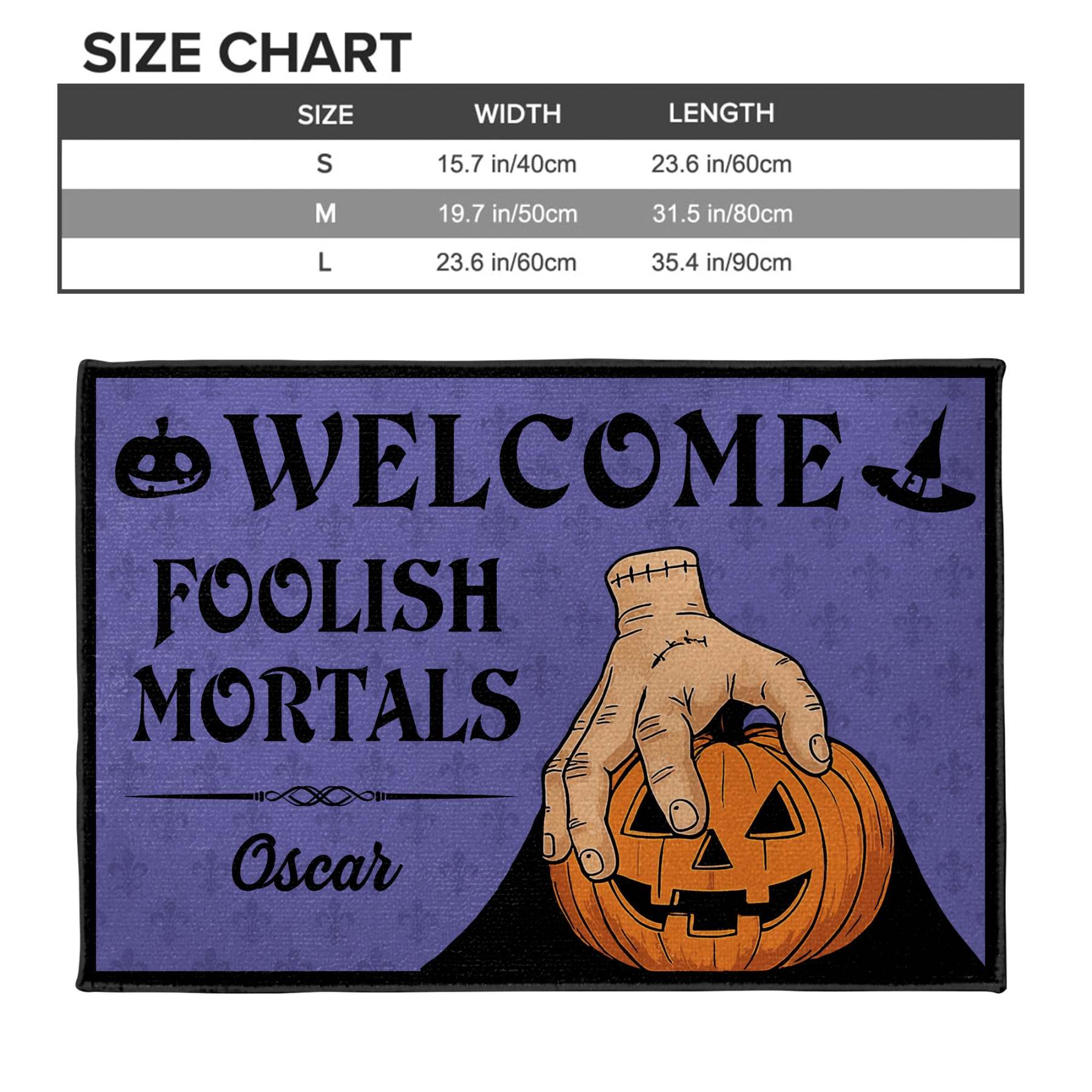 Welcome Foolish Mortals, Pumpkin And Hand, Custom Doormat, Gift For Halloween Enthusiasts