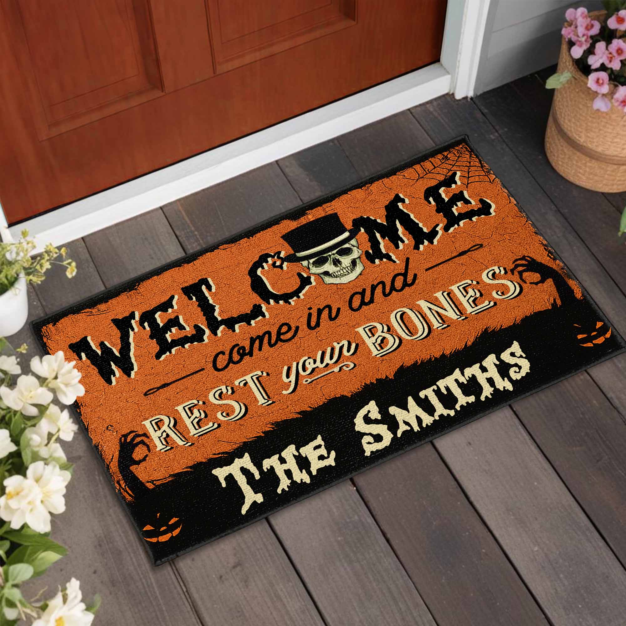 Welcome Come In And Rest Your Bones Custom Doormat, Gift For Family And Halloween Lovers