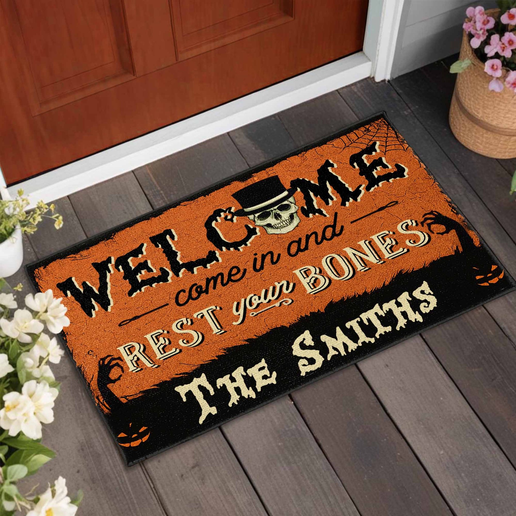 Welcome Come In And Rest Your Bones Custom Doormat, Gift For Family And Halloween Lovers