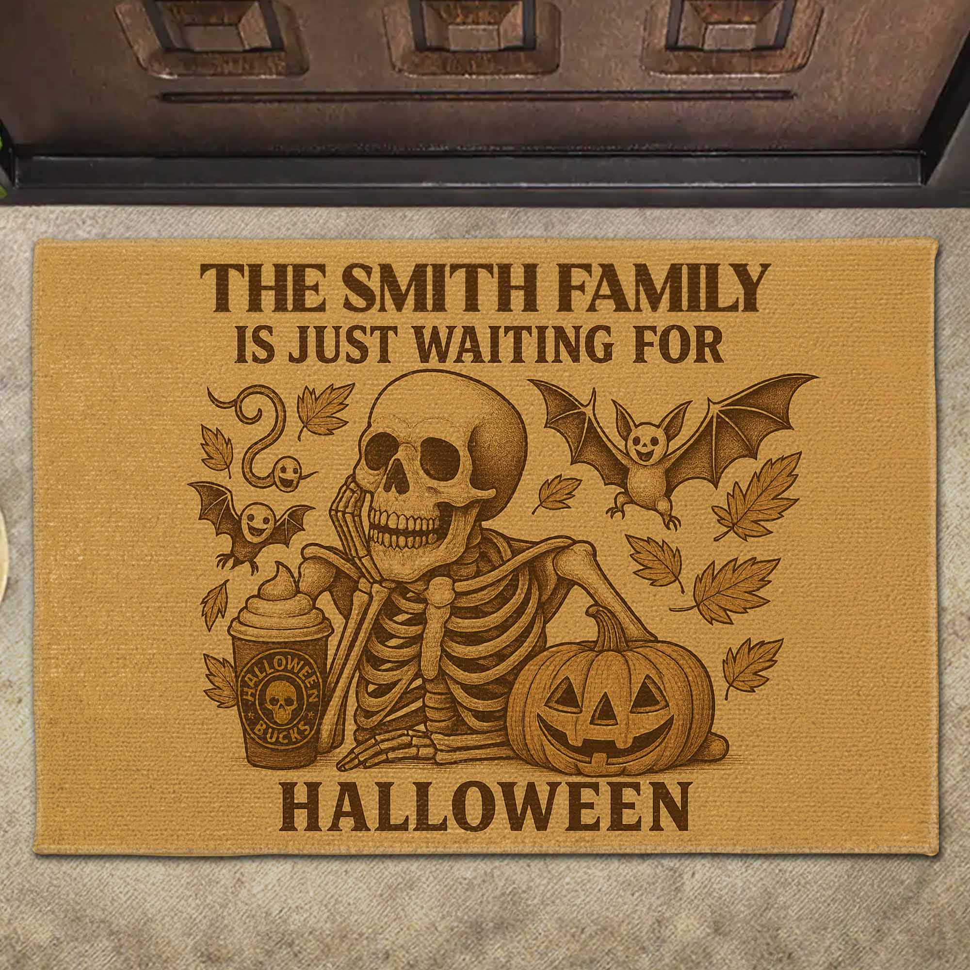 Family Just Waiting For Halloween, Skeleton, Pumpkin, Bat, Personalized Doormat, Gift For Families and Halloween Lovers