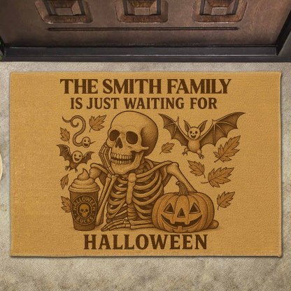 Family Just Waiting For Halloween, Skeleton, Pumpkin, Bat, Personalized Doormat, Gift For Families and Halloween Lovers