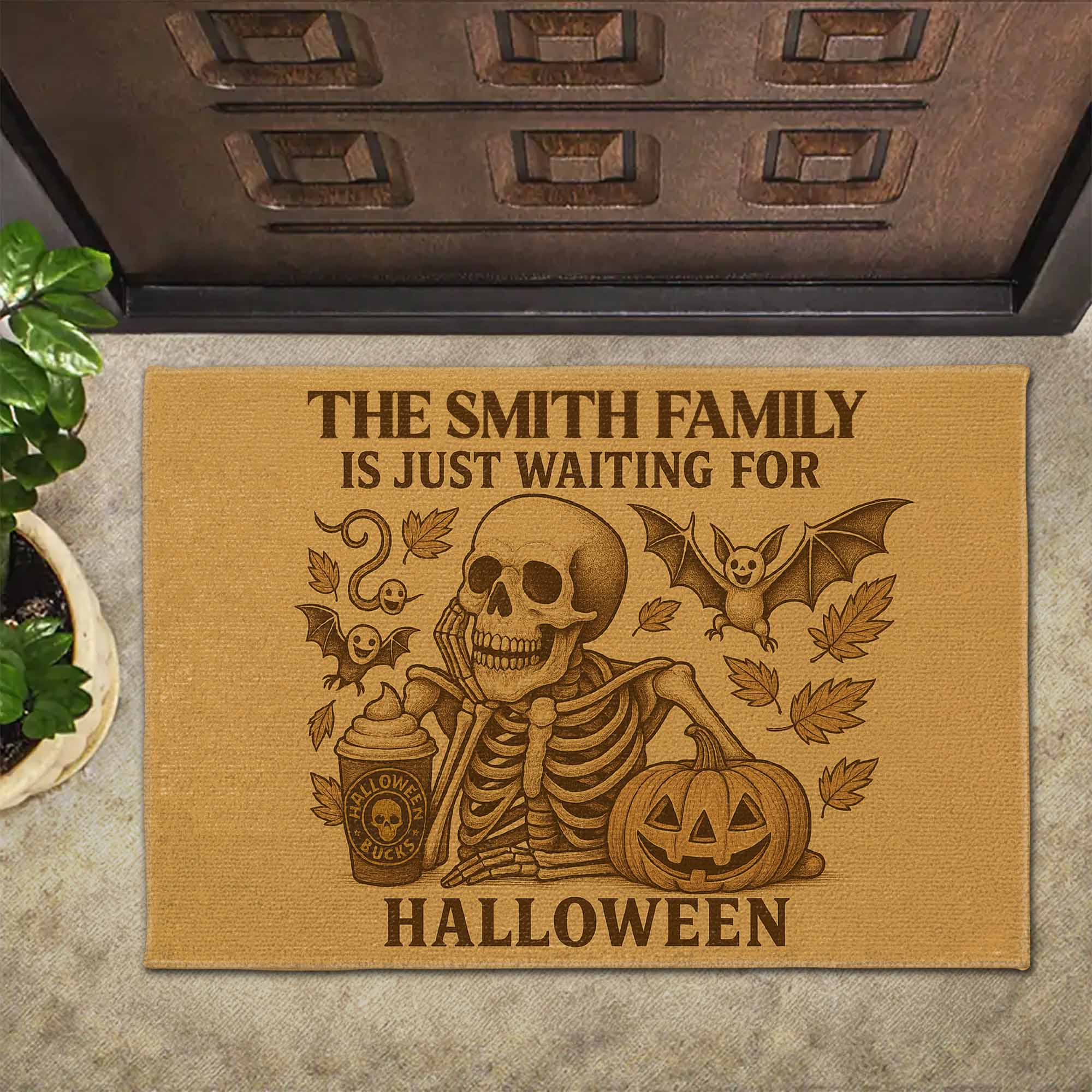 Family Just Waiting For Halloween, Skeleton, Pumpkin, Bat, Personalized Doormat, Gift For Families and Halloween Lovers