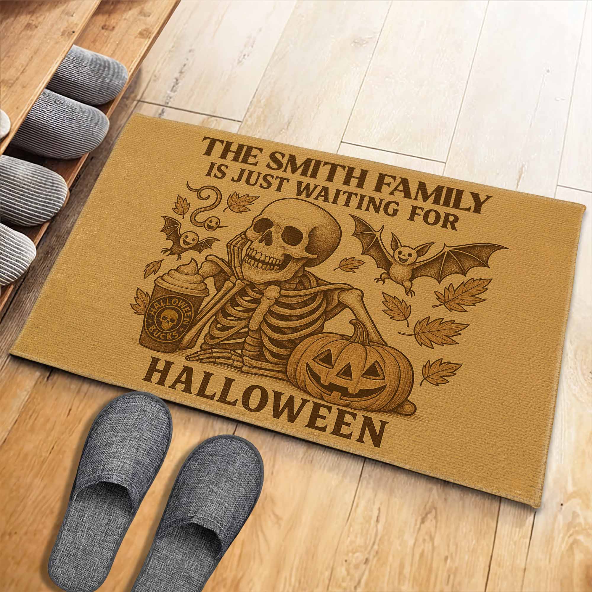 Family Just Waiting For Halloween, Skeleton, Pumpkin, Bat, Personalized Doormat, Gift For Families and Halloween Lovers