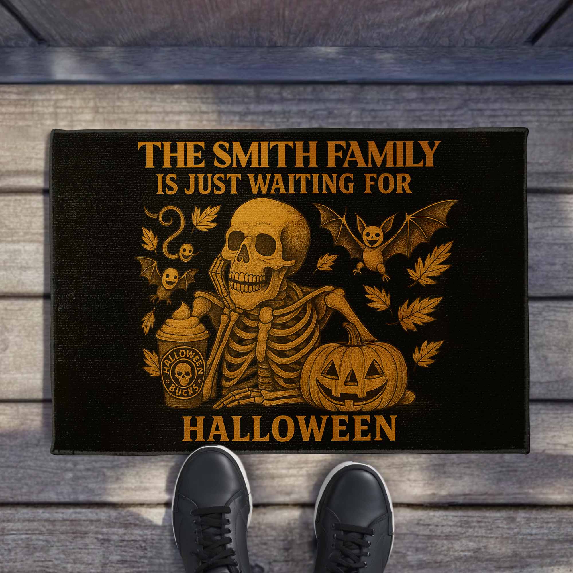 Family Just Waiting For Halloween, Skeleton, Pumpkin, Bat, Personalized Doormat, Gift For Families and Halloween Lovers