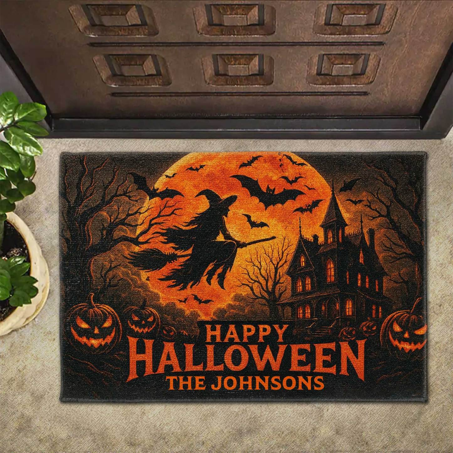 Happy Halloween Witch And Bats Design,Custom Doormat,Gift For Family And Halloween Lovers