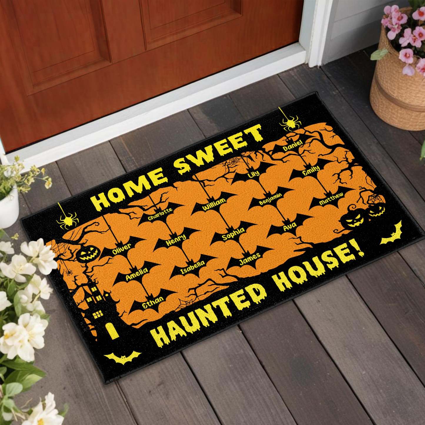 Home Sweet Haunted House With Bats and Pumpkins, Custom Doormat, Gift For Halloween Enthusiasts