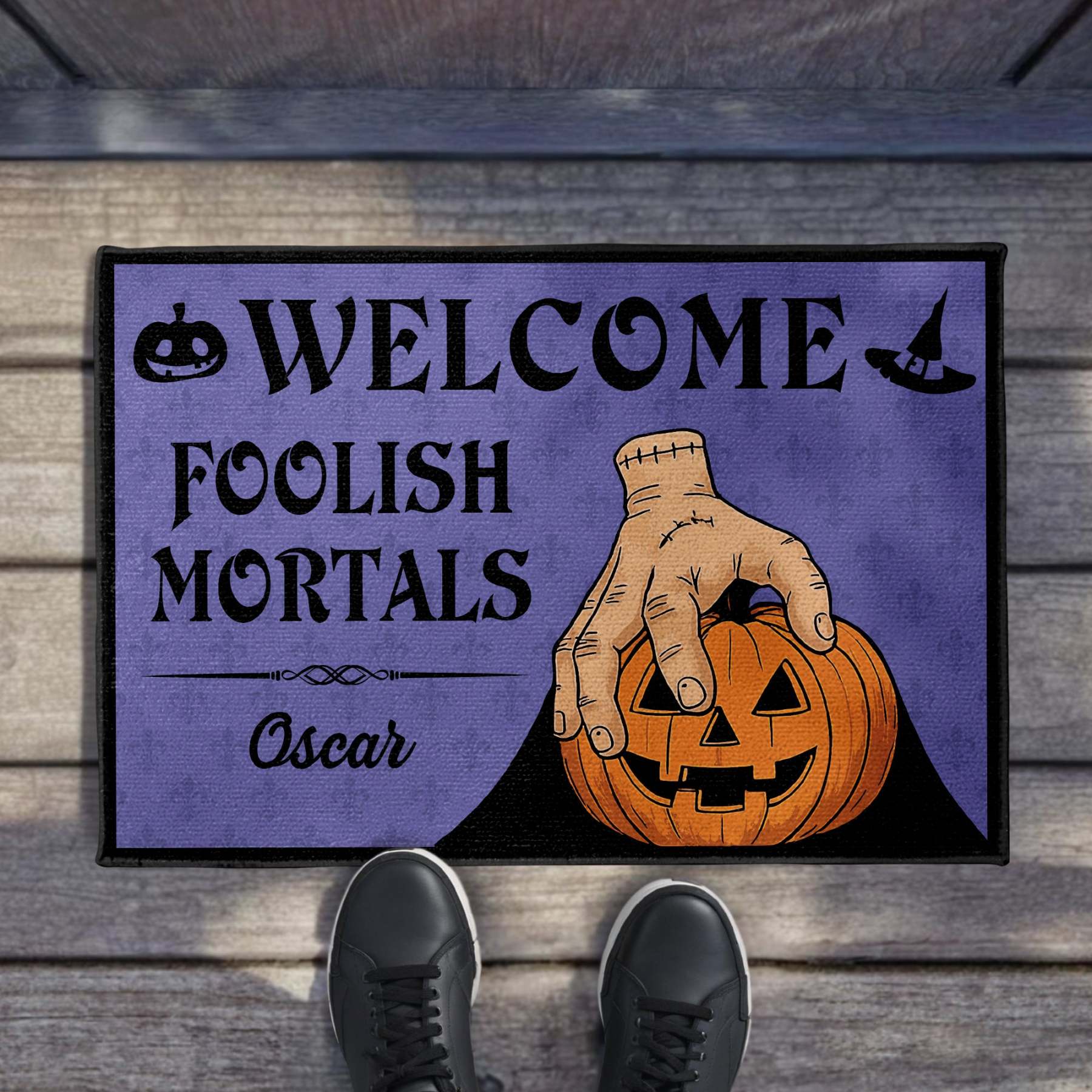 Welcome Foolish Mortals, Pumpkin And Hand, Custom Doormat, Gift For Halloween Enthusiasts
