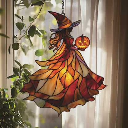 Autumn Witch Acrylic Window Hanging – Stained Glass Suncatcher