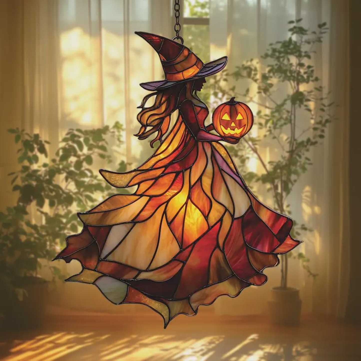 Autumn Witch Acrylic Window Hanging – Stained Glass Suncatcher