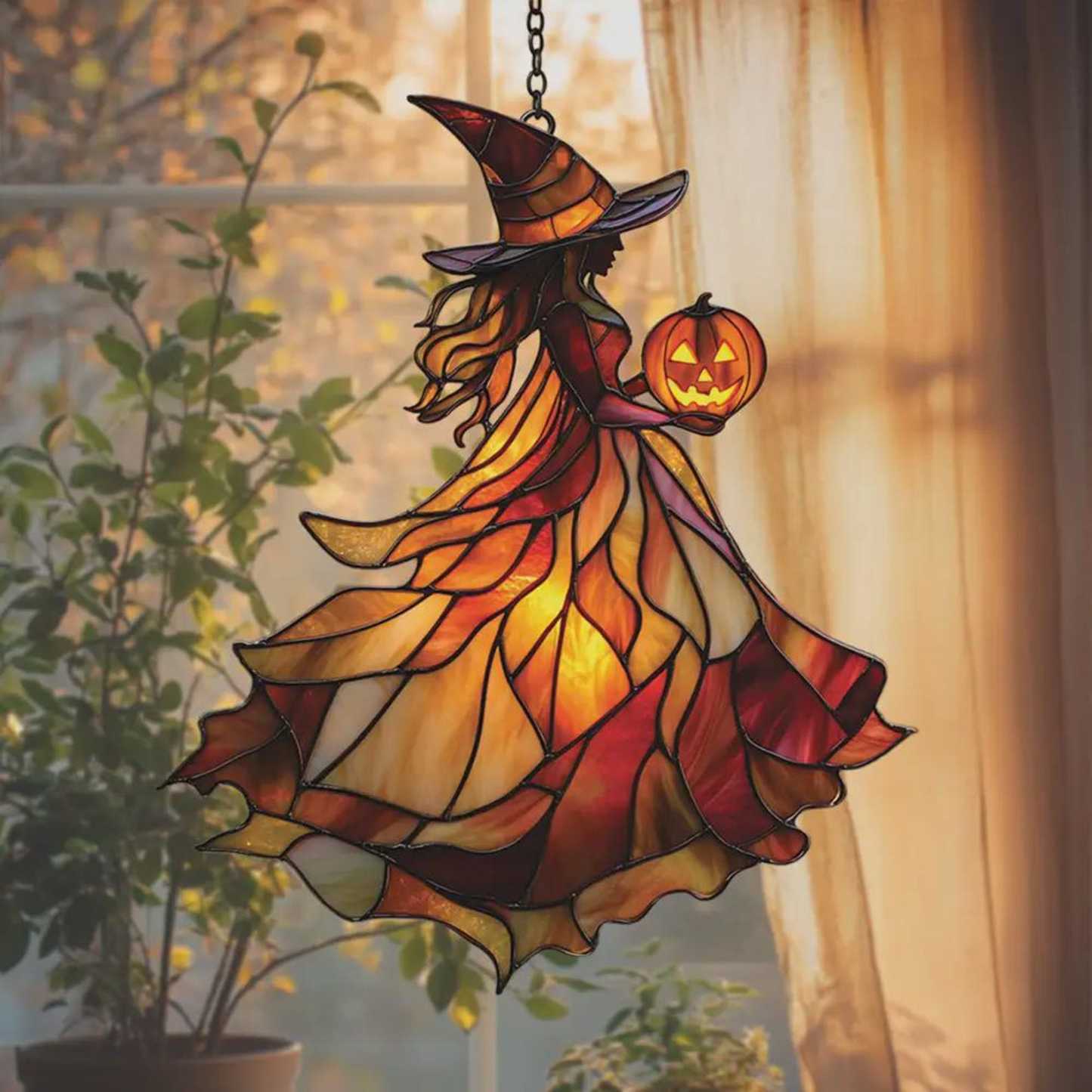 Autumn Witch Acrylic Window Hanging – Stained Glass Suncatcher