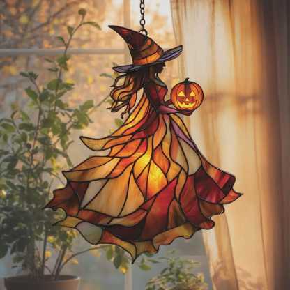 Autumn Witch Acrylic Window Hanging – Stained Glass Suncatcher