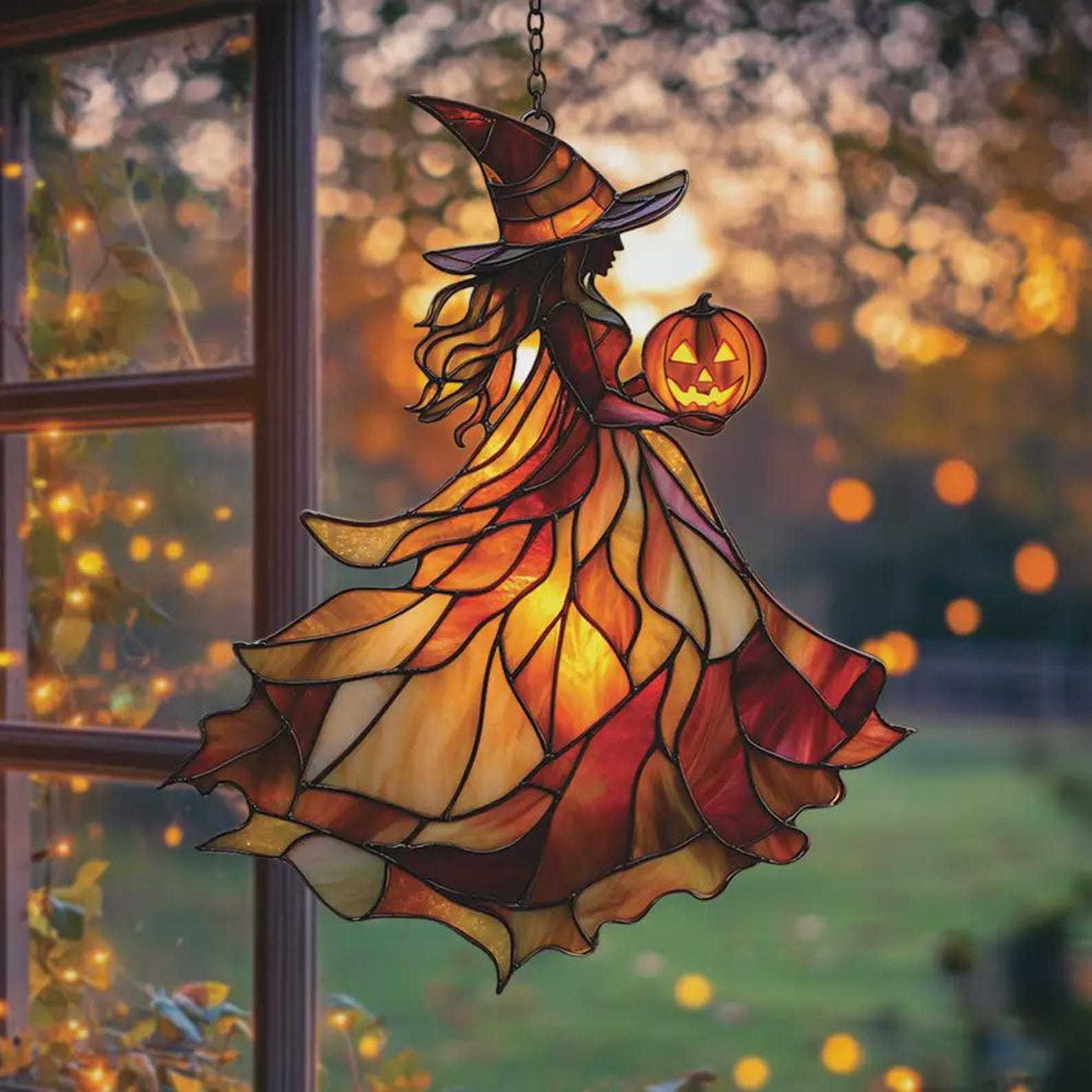 Autumn Witch Acrylic Window Hanging – Stained Glass Suncatcher