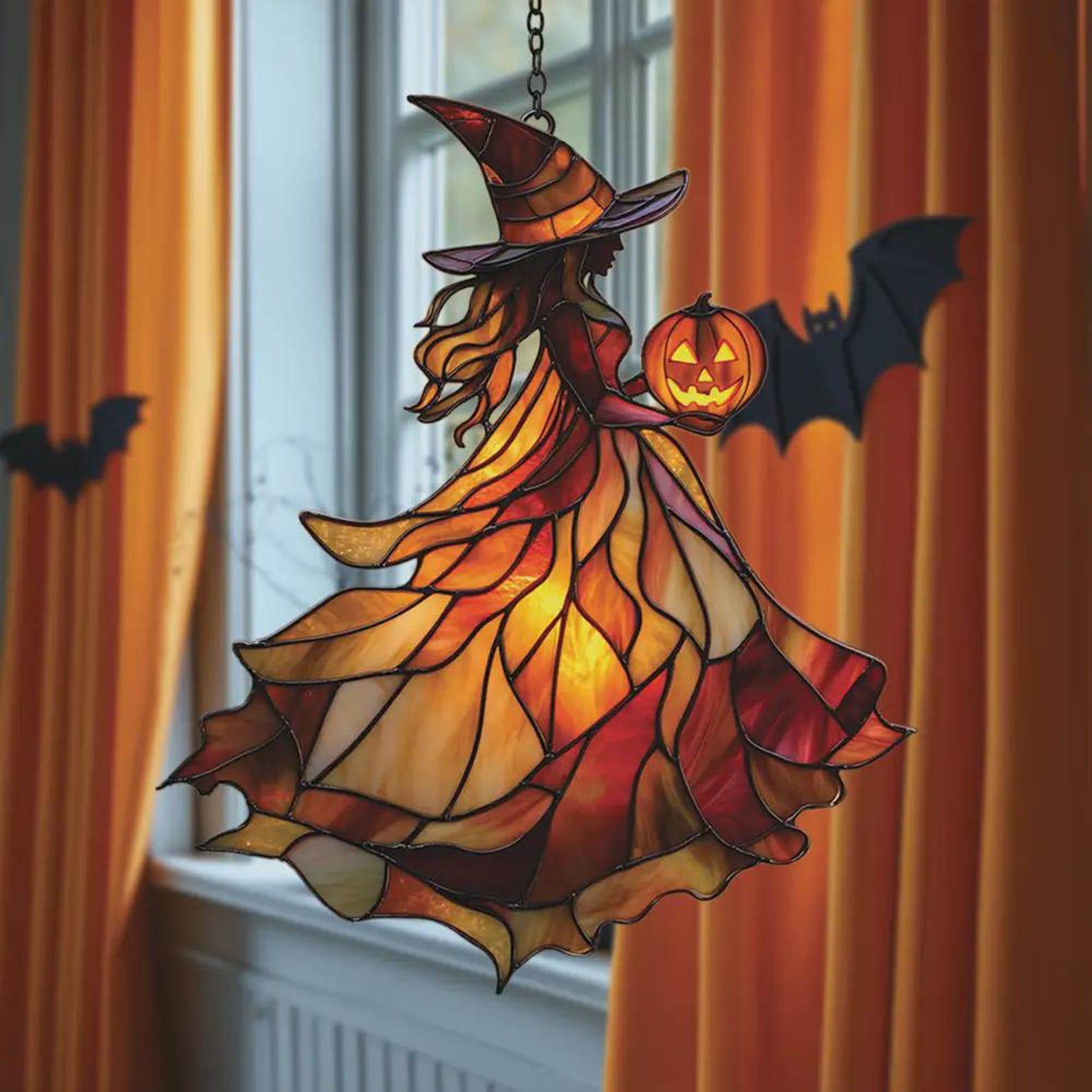 Autumn Witch Acrylic Window Hanging – Stained Glass Suncatcher