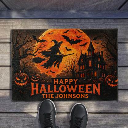 Happy Halloween Witch And Bats Design,Custom Doormat,Gift For Family And Halloween Lovers