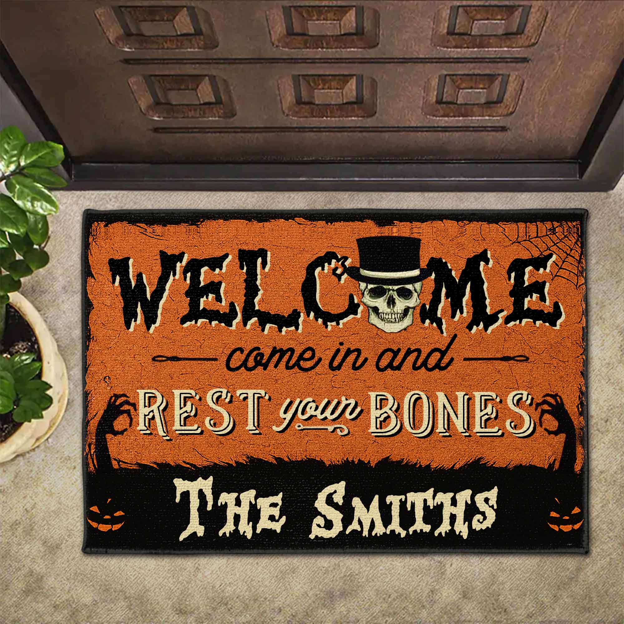 Welcome Come In And Rest Your Bones Custom Doormat, Gift For Family And Halloween Lovers
