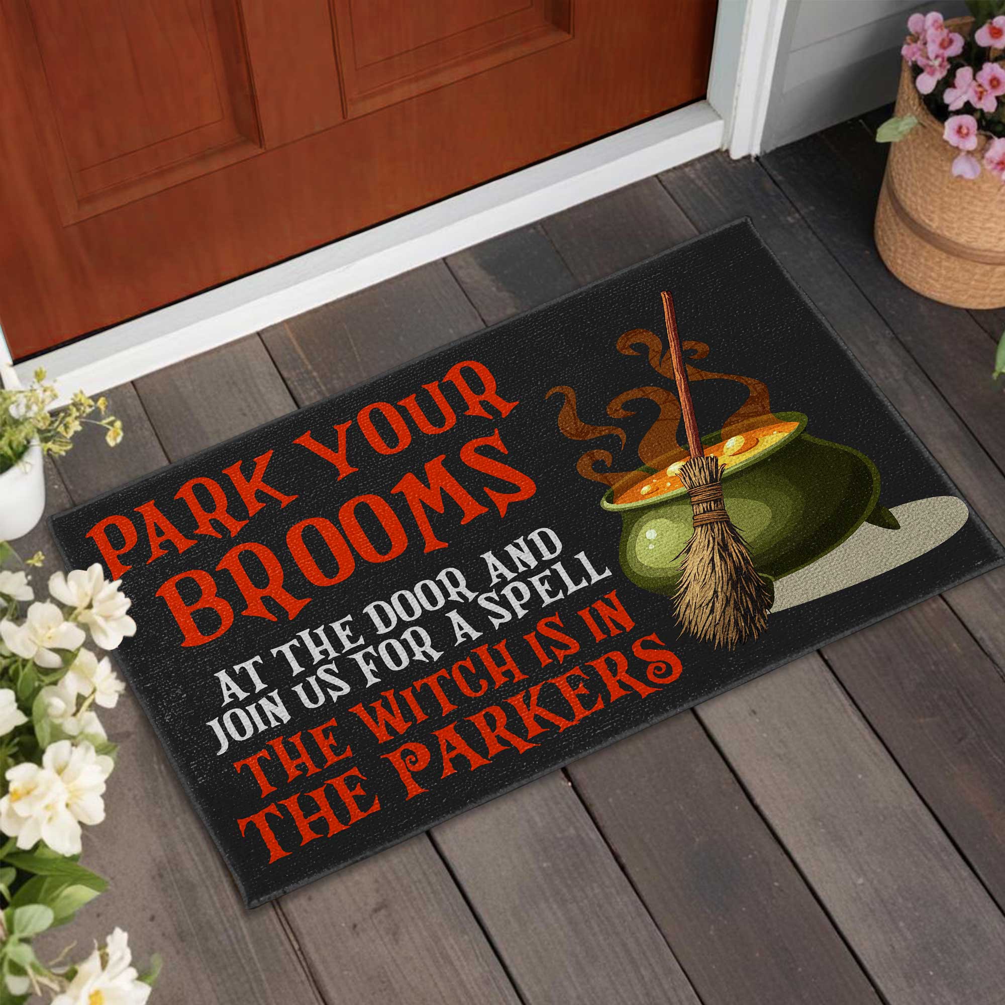 Park Your Brooms, Join Us For A Spell, The Witch Is In, Custom Doormat, Gift For Family and Halloween Lovers