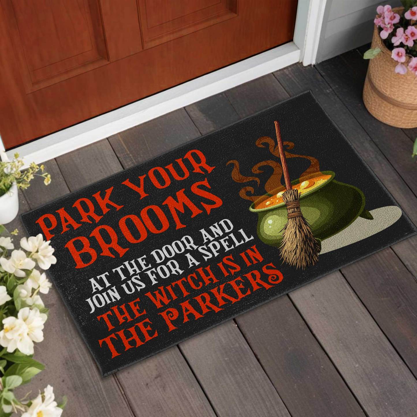 Park Your Brooms, Join Us For A Spell, The Witch Is In, Custom Doormat, Gift For Family and Halloween Lovers