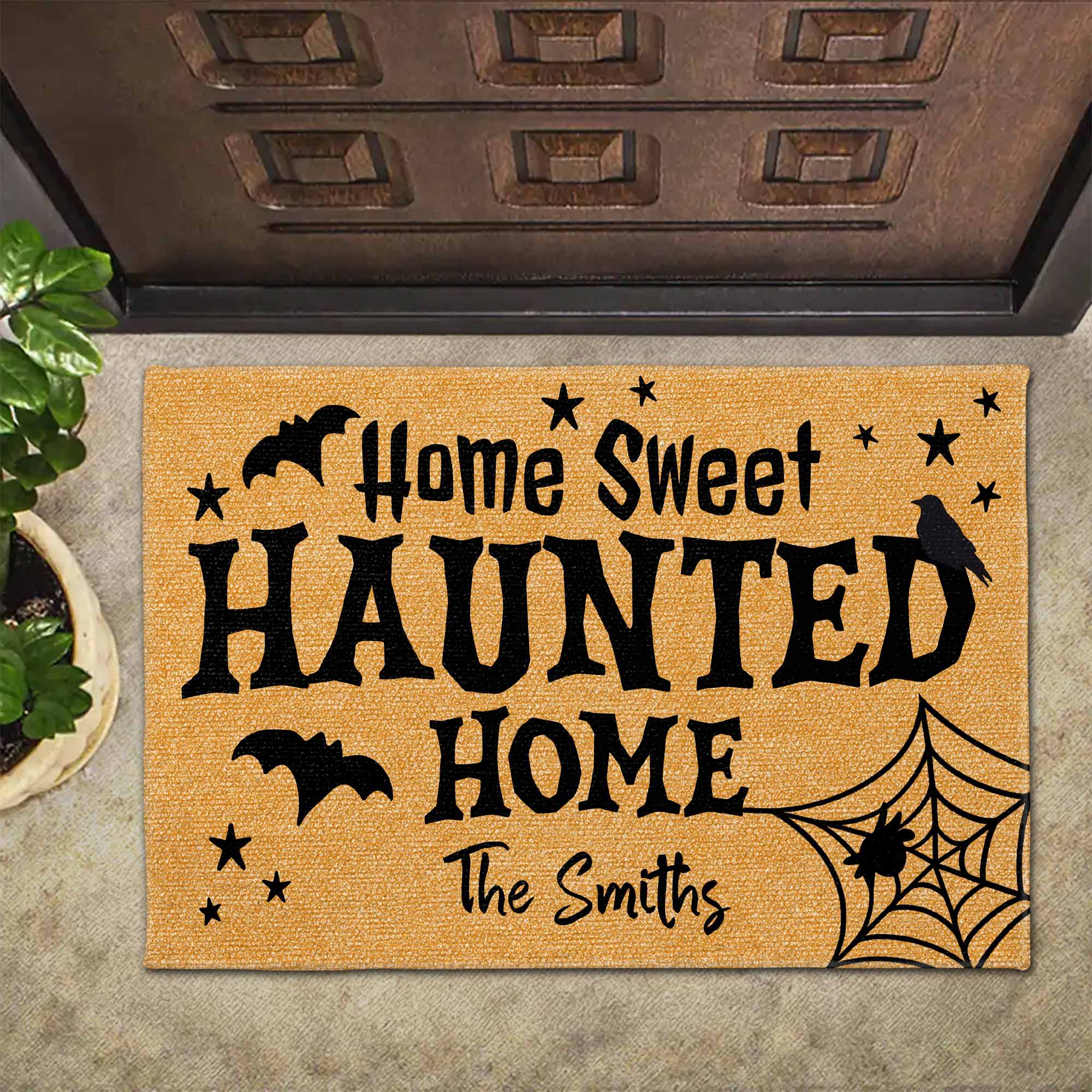 Home Sweet Haunted Home With Bats And Crow, Personalized Custom Doormat, Gift For Family And Halloween Lovers