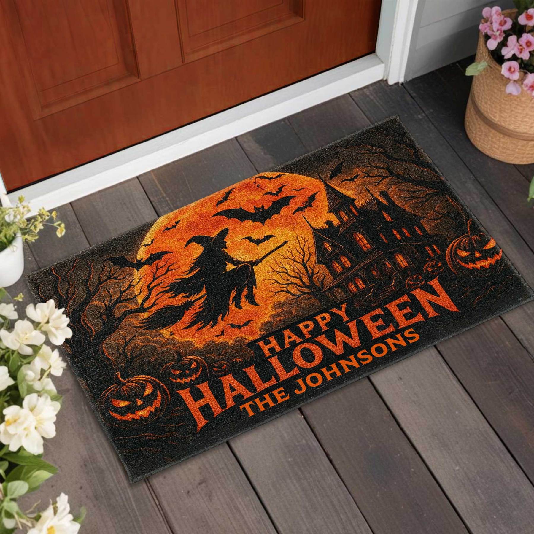 Happy Halloween Witch And Bats Design,Custom Doormat,Gift For Family And Halloween Lovers