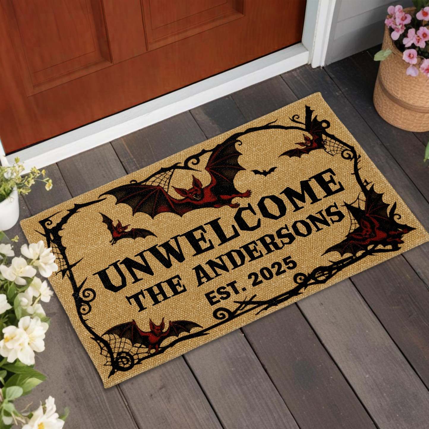 Unwelcome Gothic Bats Design,Custom Doormat,Gift For Halloween and Housewarming