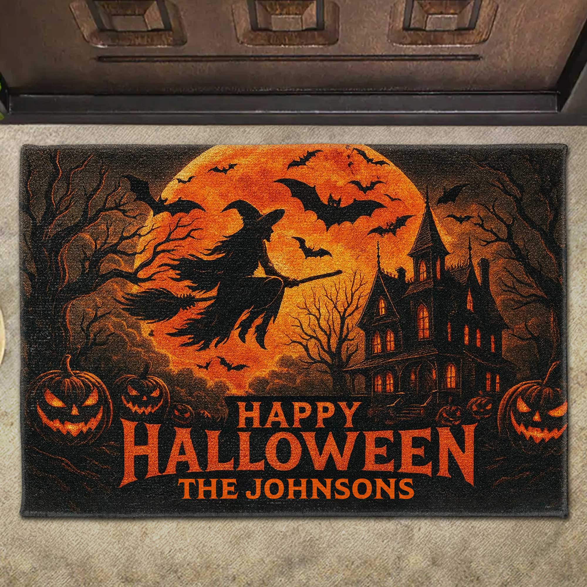 Happy Halloween Witch And Bats Design,Custom Doormat,Gift For Family And Halloween Lovers