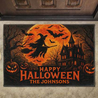 Happy Halloween Witch And Bats Design,Custom Doormat,Gift For Family And Halloween Lovers