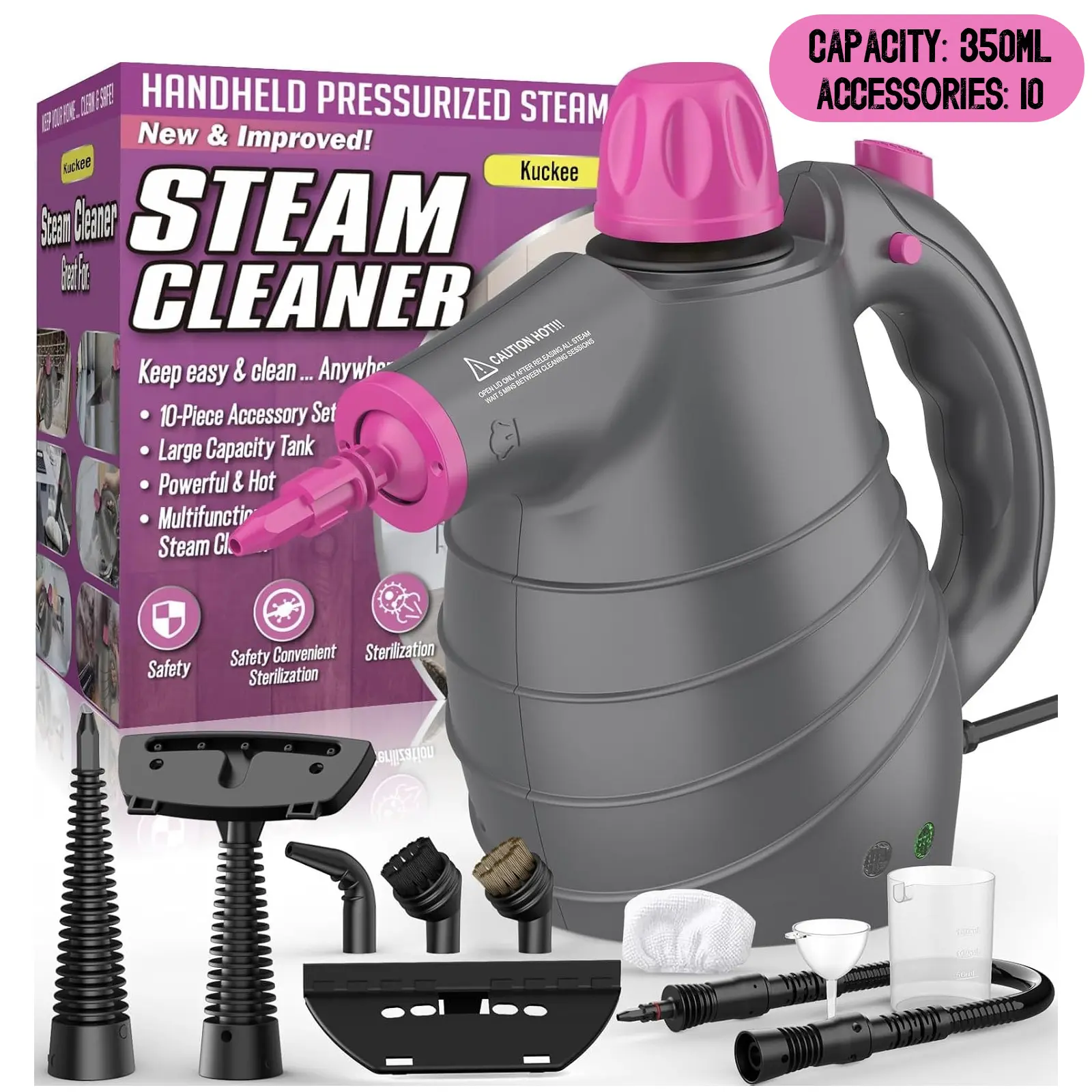 Handheld Pressurized Steam Cleaner 11 Piece Accessory Set Multi Surface All Natural Cleaning
