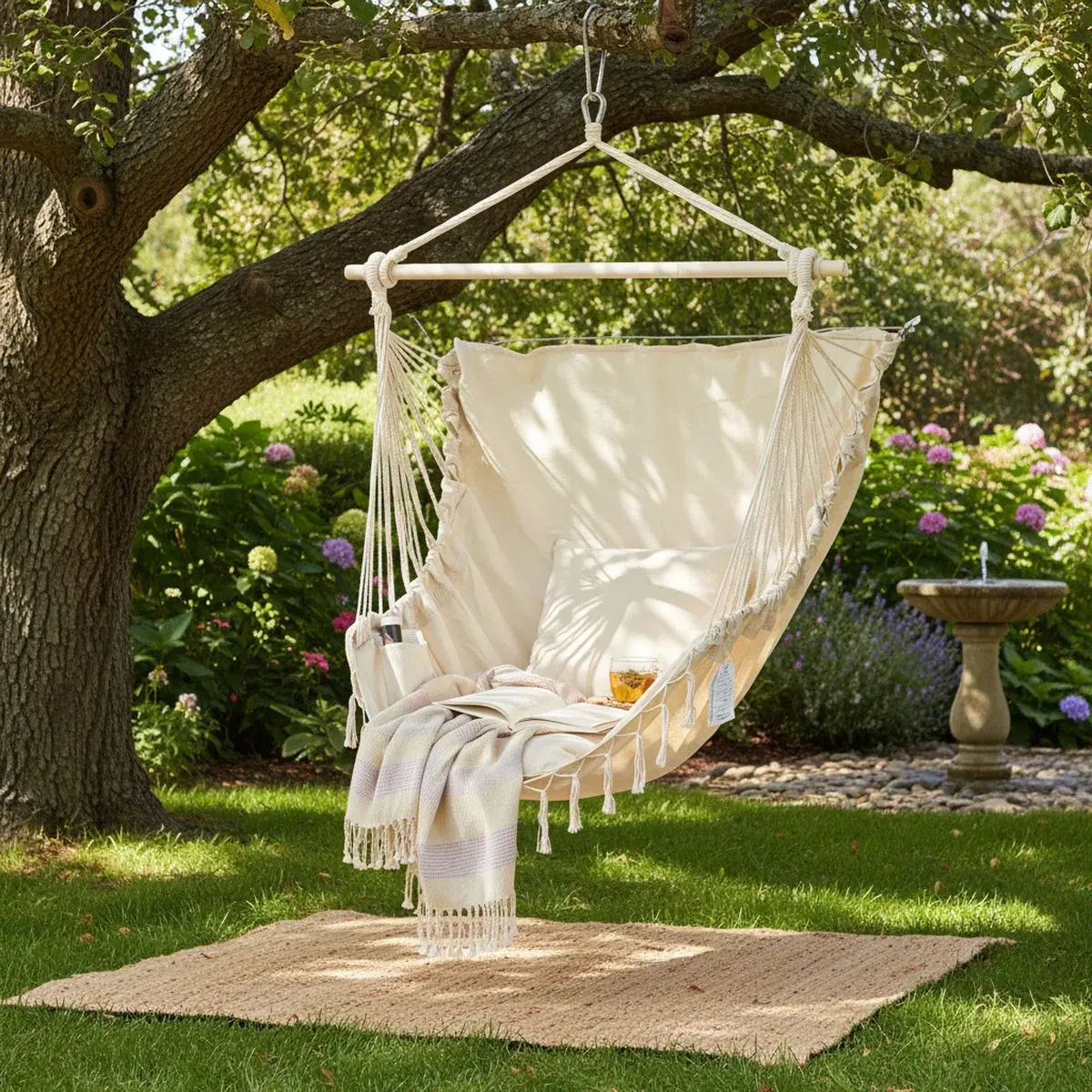 Velvet Cotton Hammock Chair with 2 Cushions - Elegant Fringe Swing for Indoor & Outdoor