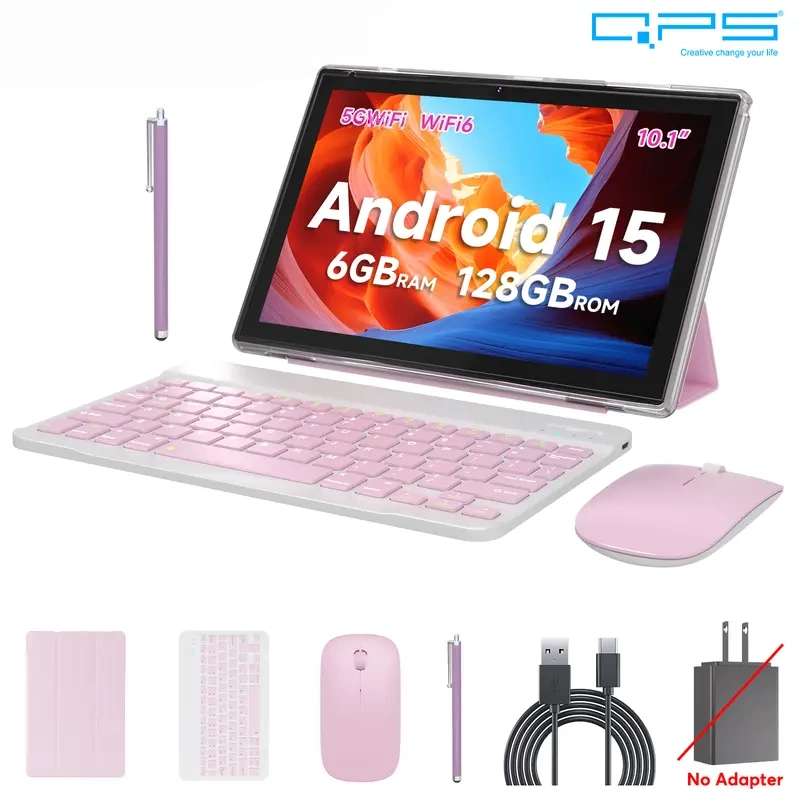 Android 15.0 Tablet 10.1" 20GB RAM 128GB Keyboard Bundle Pink