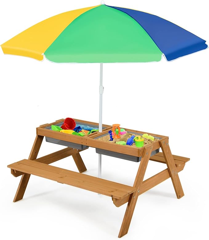 Costzon 4-in-1 Wooden Kids Picnic Table with Sensory Bins and Adjustable Umbrella