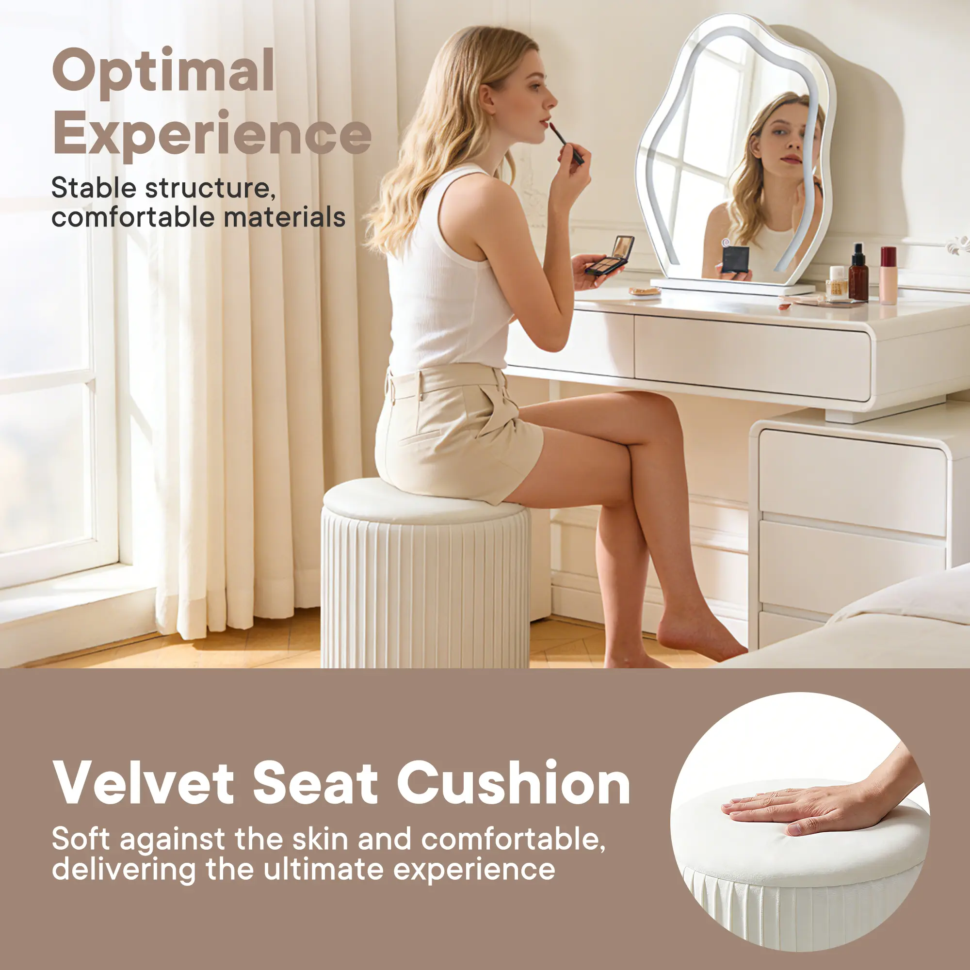 2-in-1 Velvet Storage Ottoman Set - Nesting Vanity Stool & Coffee Table Footrest
