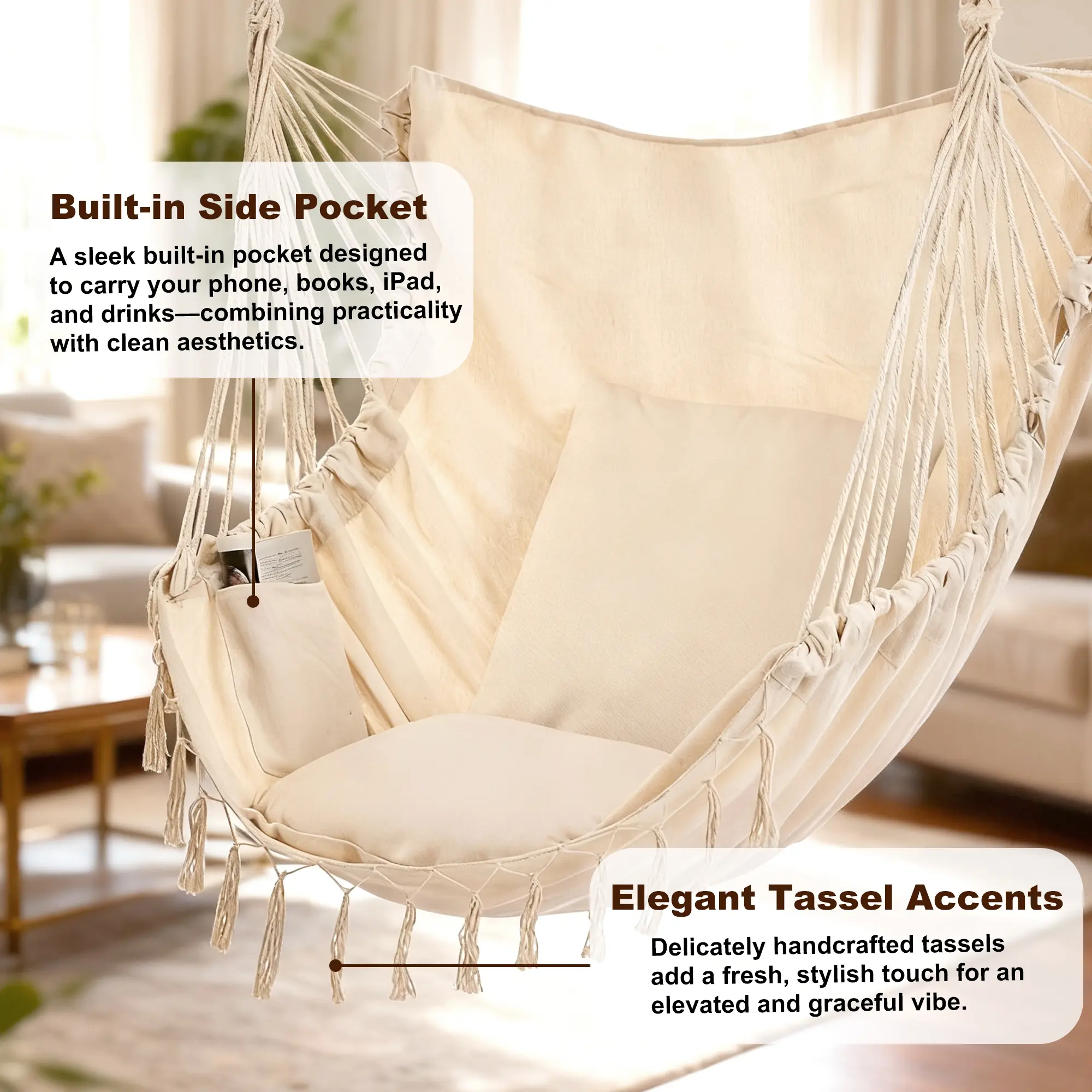 Velvet Cotton Hammock Chair with 2 Cushions - Elegant Fringe Swing for Indoor & Outdoor