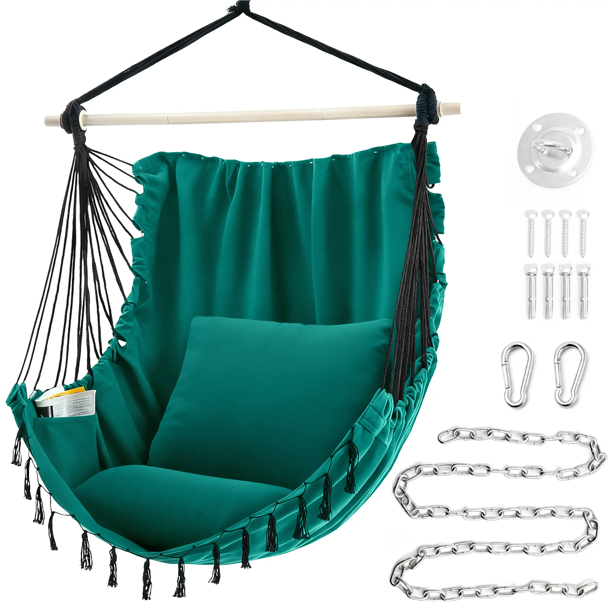 Velvet Cotton Hammock Chair with 2 Cushions - Elegant Fringe Swing for Indoor & Outdoor
