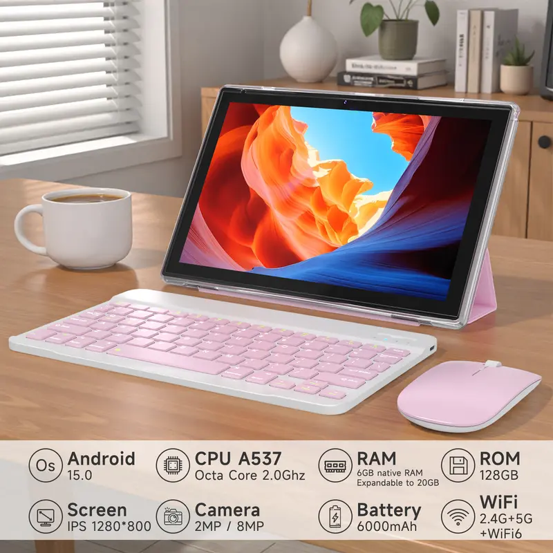 Android 15.0 Tablet 10.1" 20GB RAM 128GB Keyboard Bundle Pink