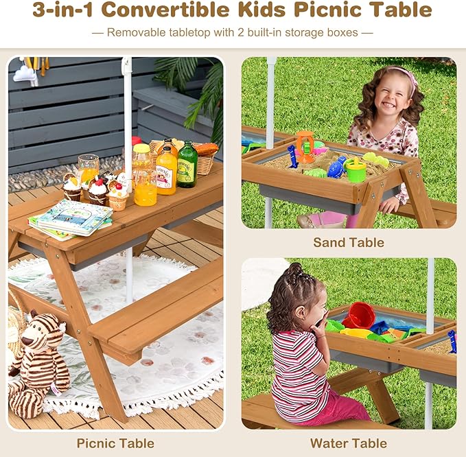 Costzon 4-in-1 Wooden Kids Picnic Table with Sensory Bins and Adjustable Umbrella