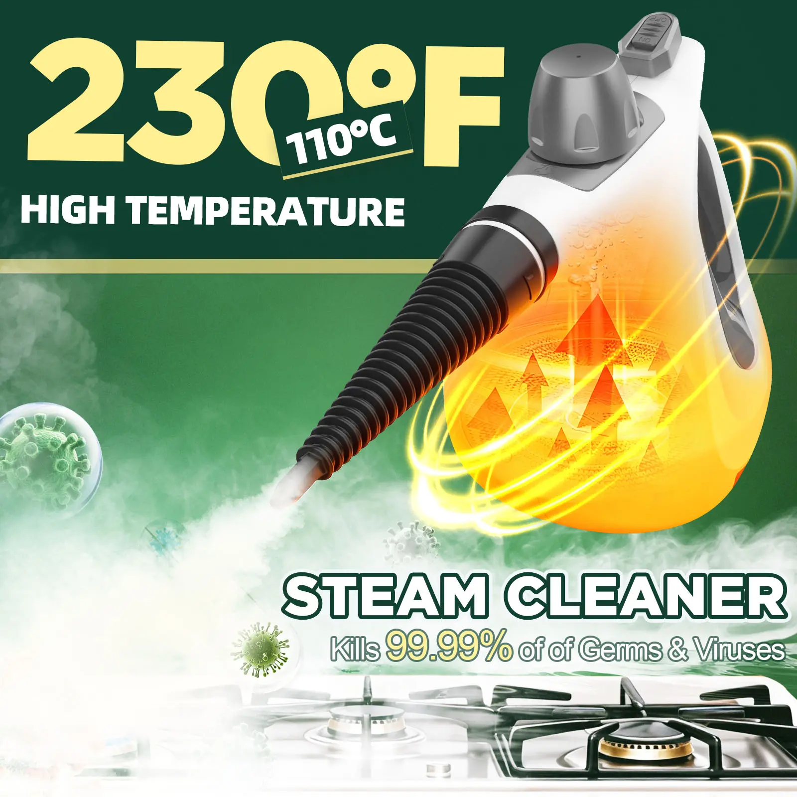 Handheld Pressurized Steam Cleaner 11 Piece Accessory Set Multi Surface All Natural Cleaning