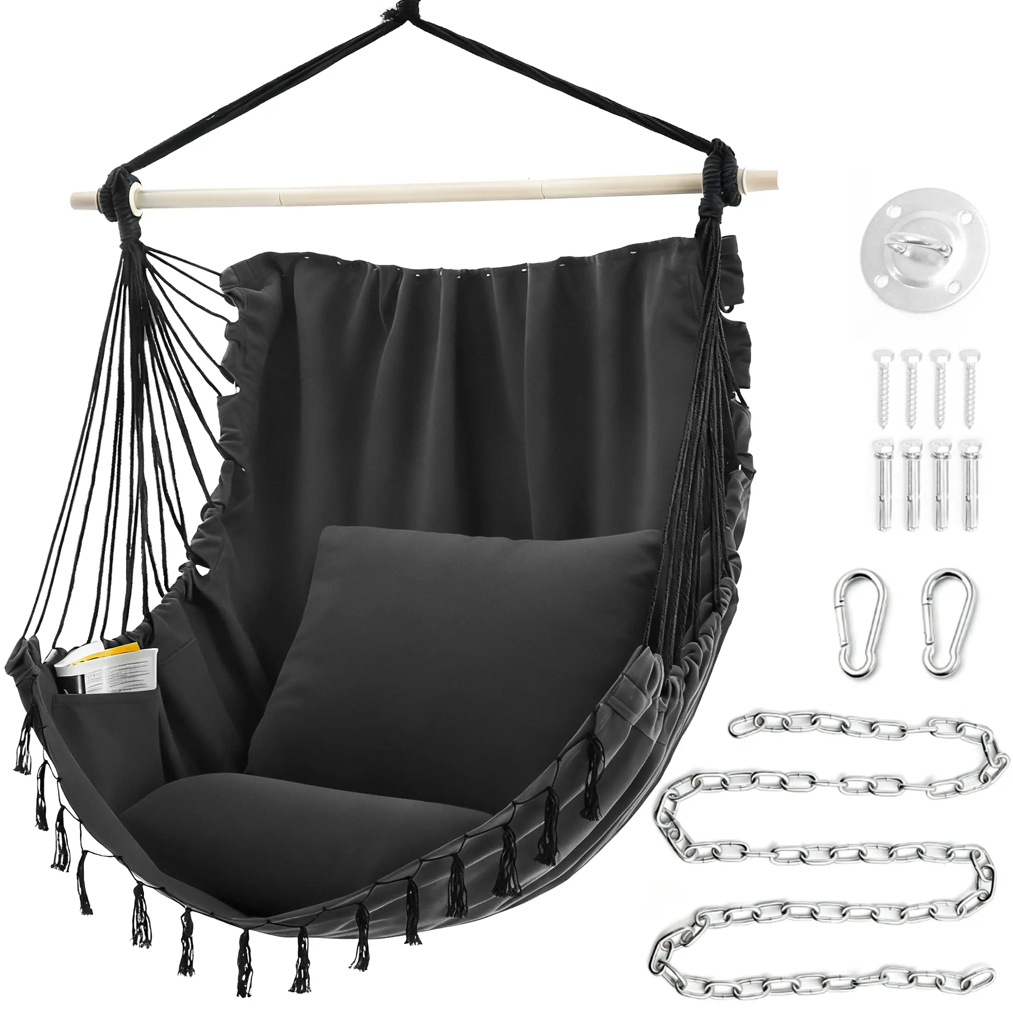 Velvet Cotton Hammock Chair with 2 Cushions - Elegant Fringe Swing for Indoor & Outdoor